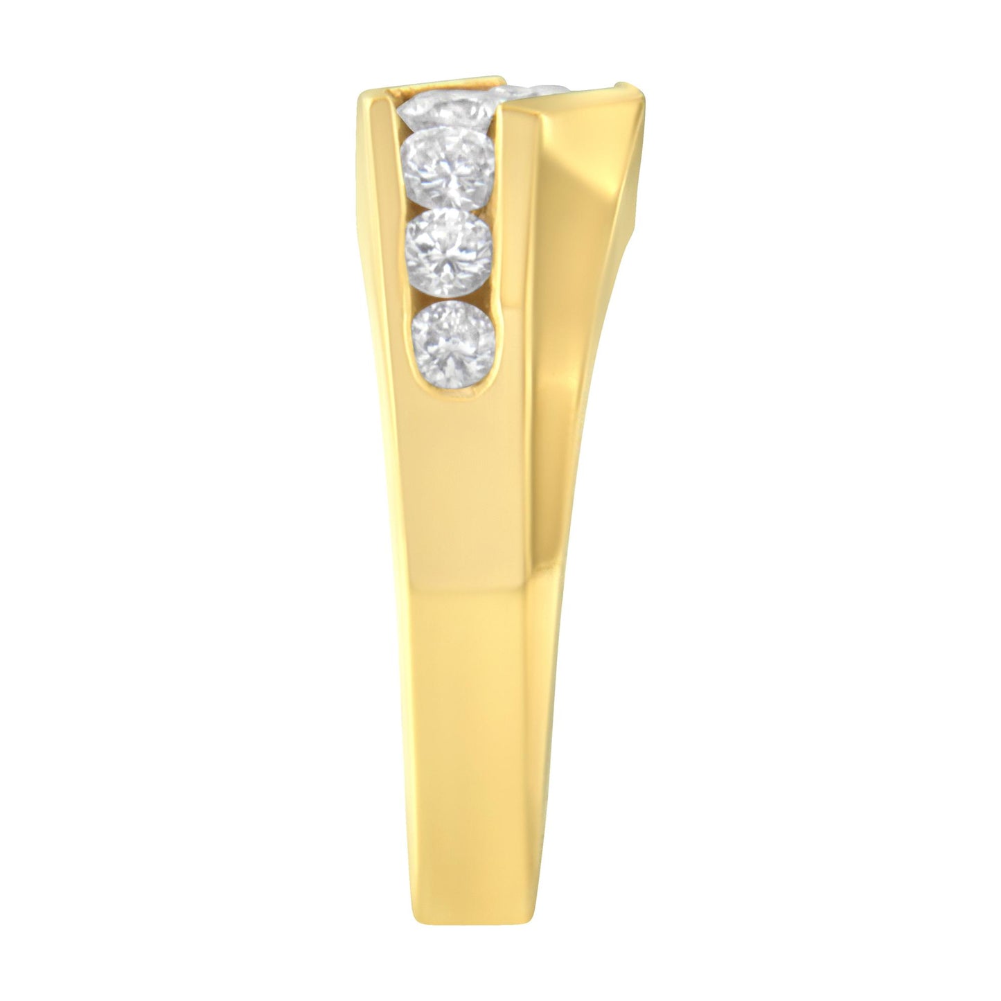 Close-up front angle of a yellow metal ring with a tapered band featuring a vertical channel set row of round white gemstones.