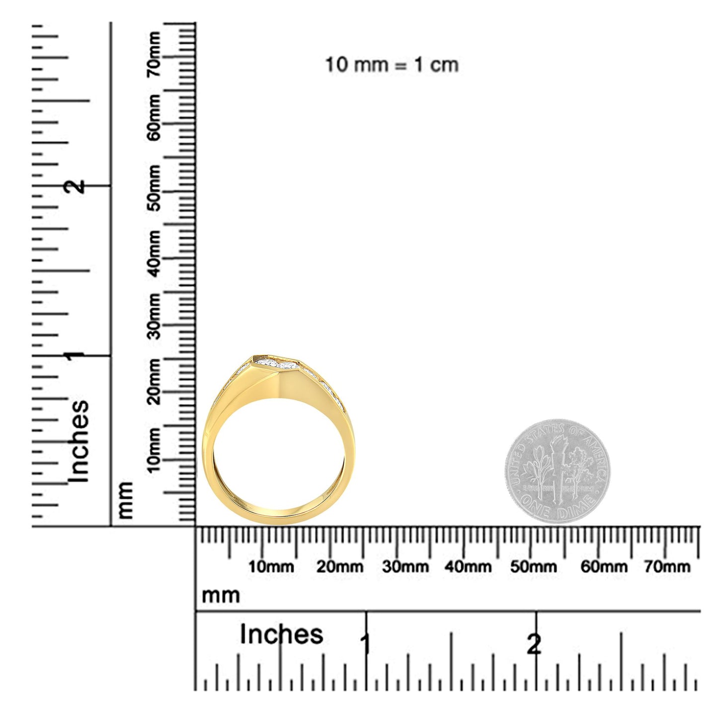Yellow ring with multiple white round gemstones in channel settings viewed from the side, placed on a ruler and scale for size reference.