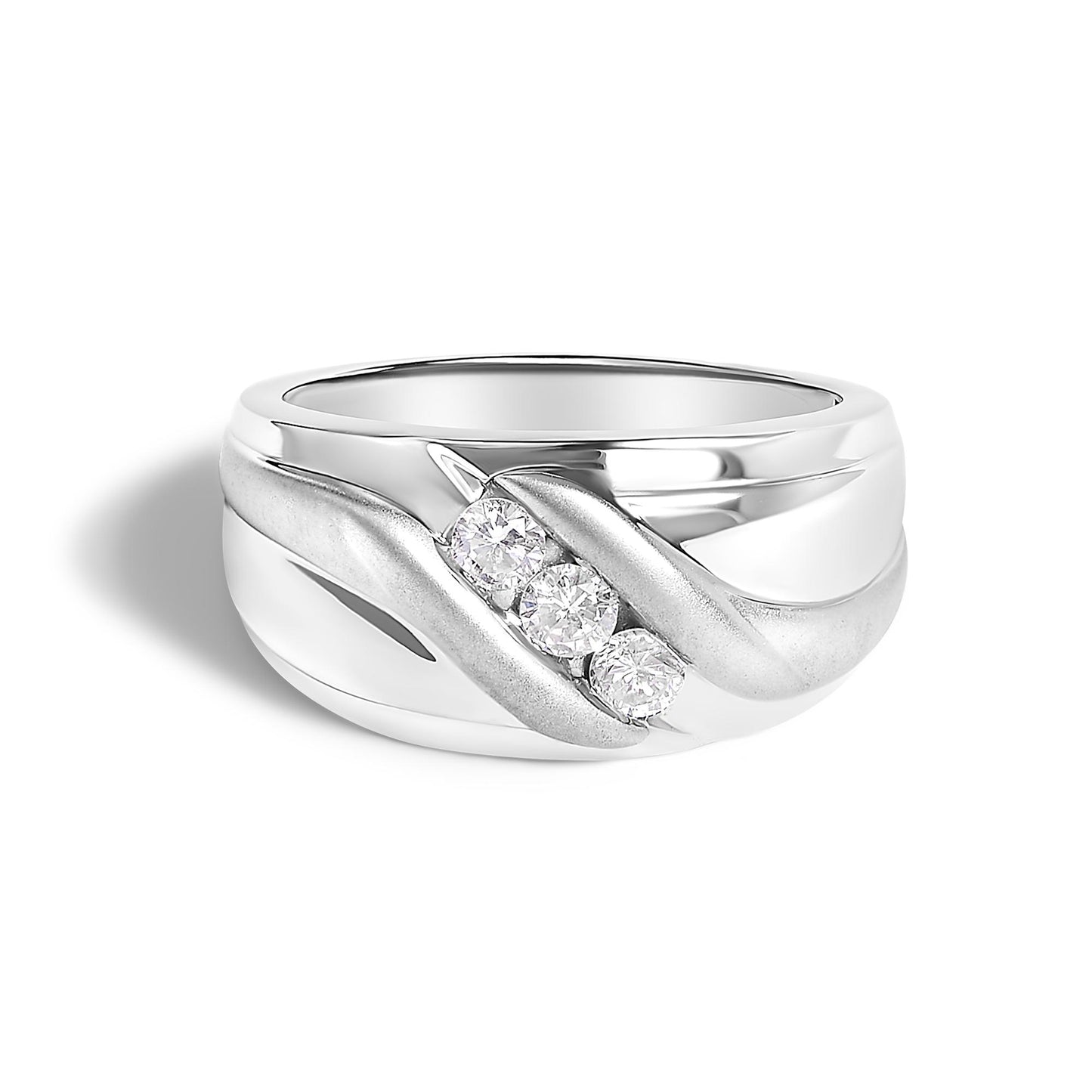 White ring shown from the front on a white background, featuring three round white gemstones set in a channel between two curved bands.