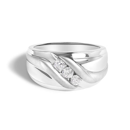 White ring shown from the front on a white background, featuring three round white gemstones set in a channel between two curved bands.