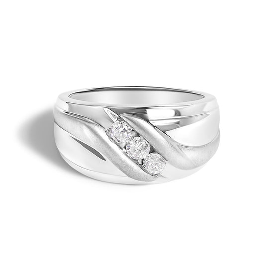 White ring shown from the front on a white background, featuring three round white gemstones set in a channel between two curved bands.
