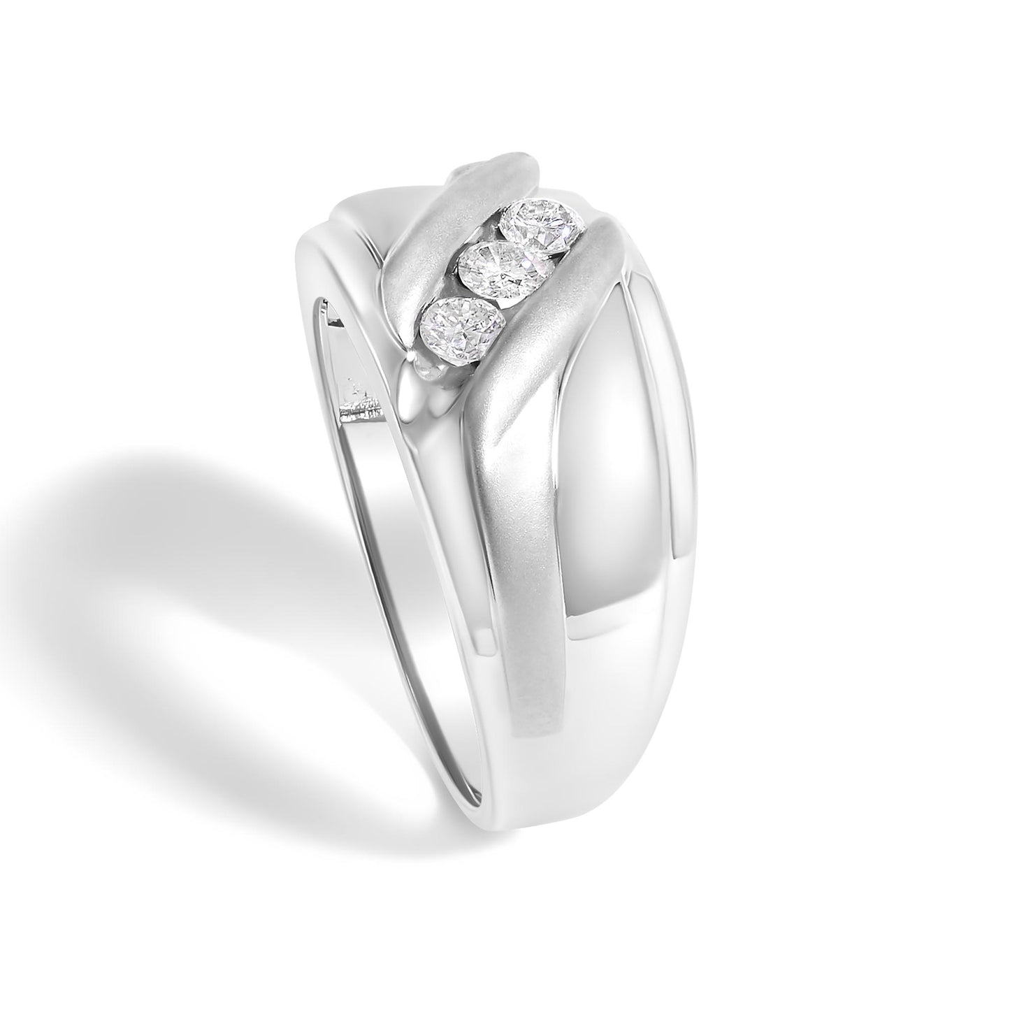 White metal ring with three round white gemstones in a channel setting, shown from a front angle on a white background.