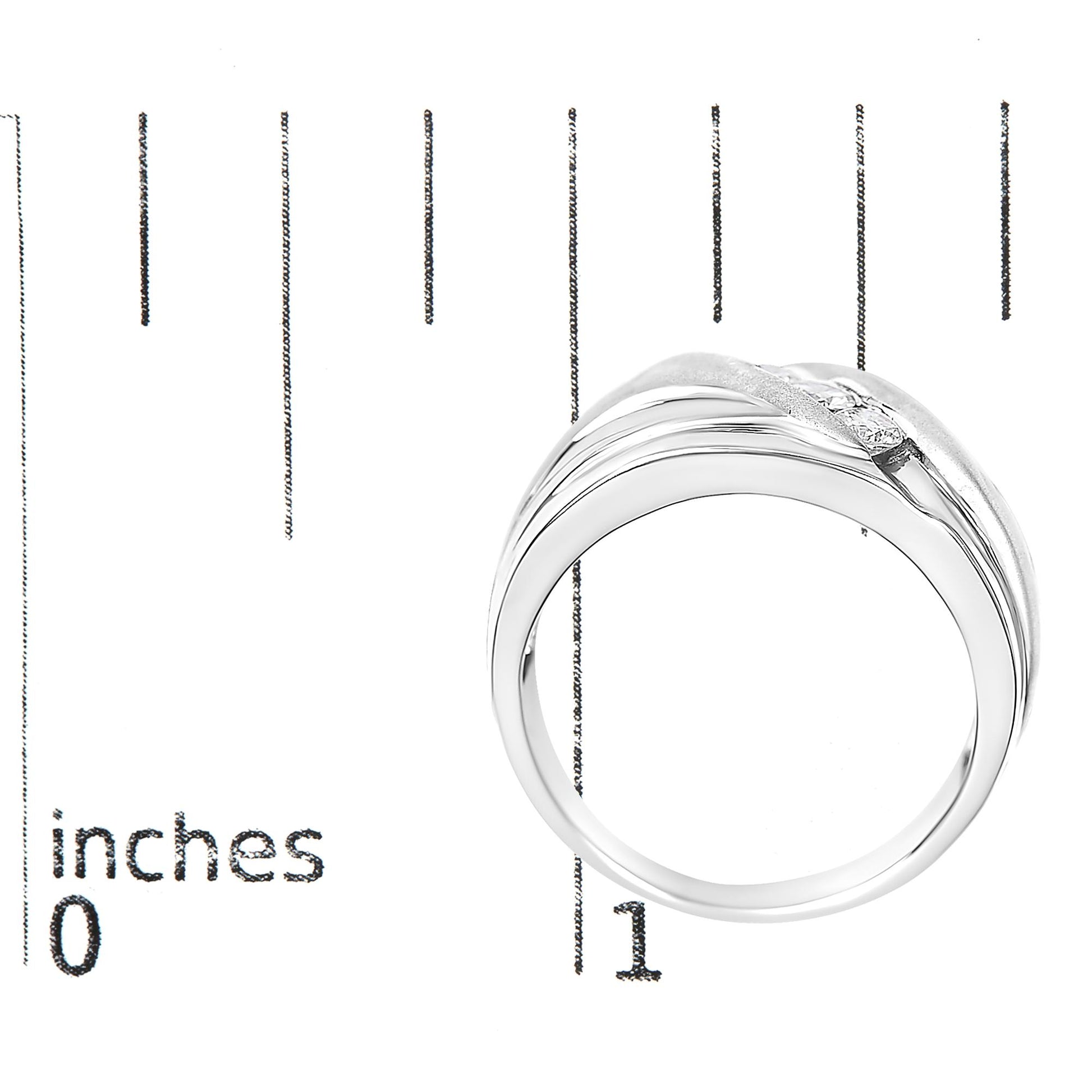 White ring with three round white gemstones in a channel setting, shown on a scale from a top-front angle.