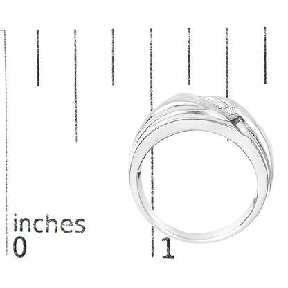 White ring with three round white gemstones in a channel setting, shown on a scale from a top-front angle.