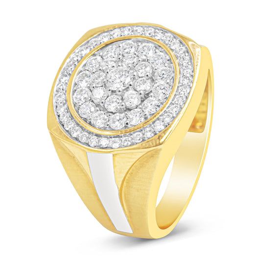 Ring with yellow and white metal bands, featuring multiple round white gemstones in prong settings arranged in concentric circles, shown at a slight angled top view.