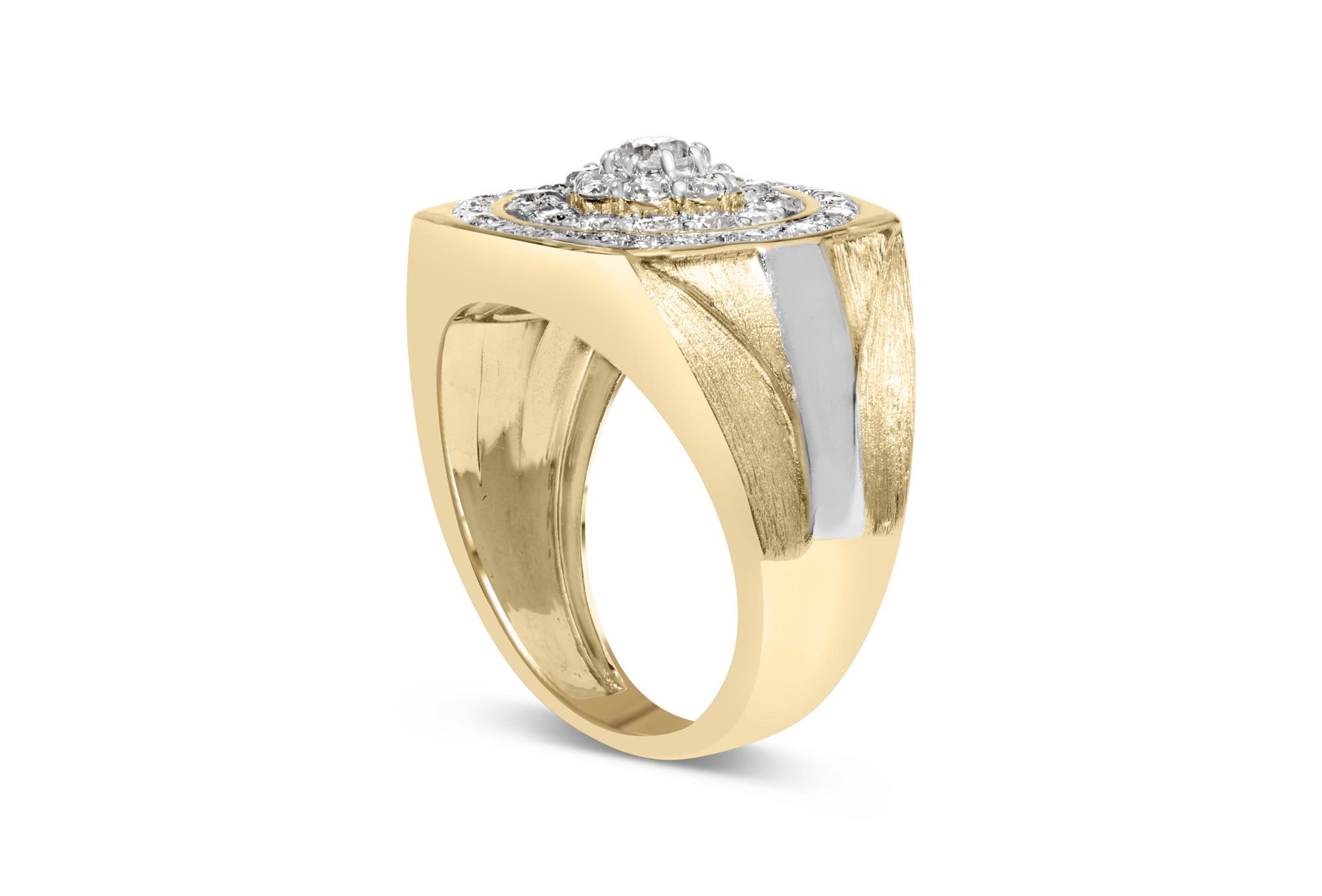 Angled side view of a yellow and white metal ring with a square top, featuring multiple round brownish gemstones set in prongs.