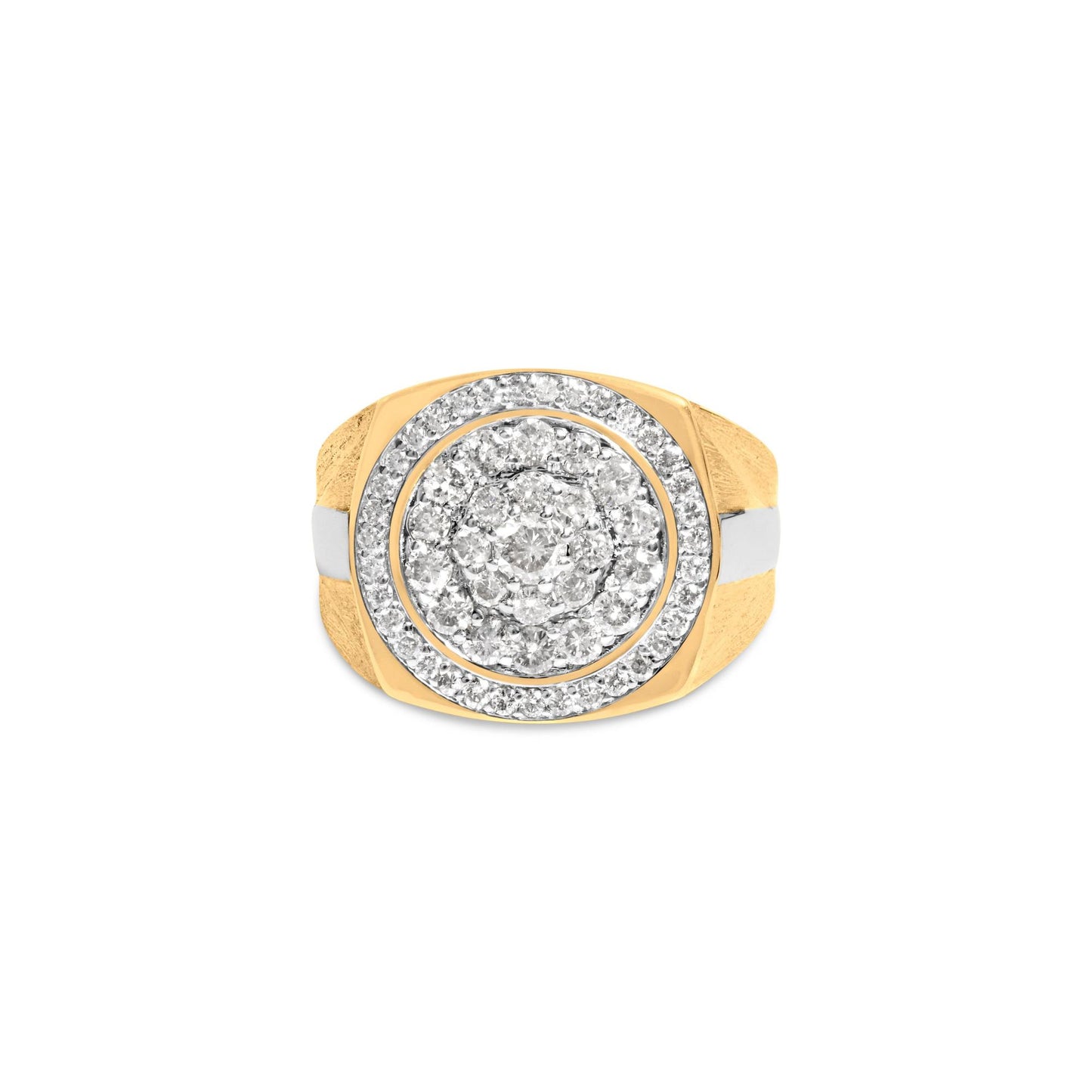 Front view of a two-tone ring featuring a cluster of white gemstones in prong settings arranged in concentric circles on a yellow and white metal band.
