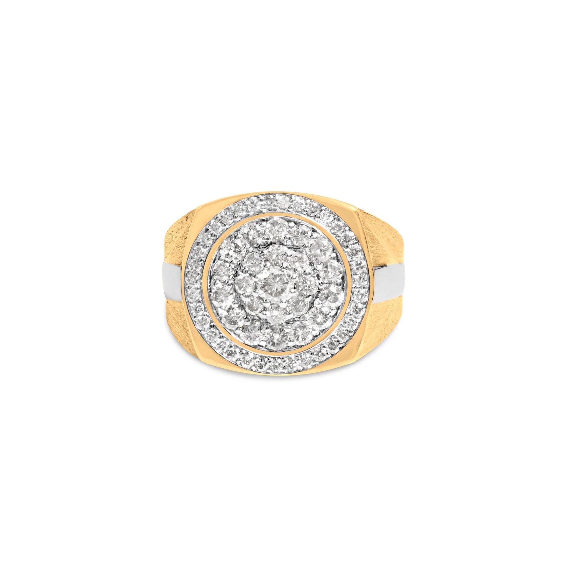 Front view of a two-tone ring featuring a cluster of white gemstones in prong settings arranged in concentric circles on a yellow and white metal band.