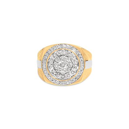 Front view of a two-tone ring featuring a cluster of white gemstones in prong settings arranged in concentric circles on a yellow and white metal band.