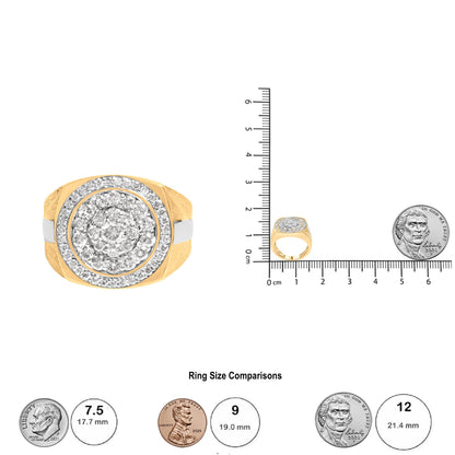 Top front view of a two-tone ring with multiple round brownish gemstones in prong settings arranged in concentric circles, shown next to a ruler and coins for size reference.