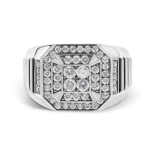 Front angle of a white metal ring featuring multiple rows of prong-set round white gemstones arranged in a square and octagonal pattern.