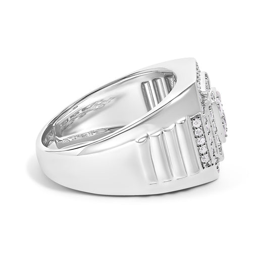 Side angle view of a white metal ring with smooth inner surface, vertical grooves on the band, and small white gemstones set on the front.