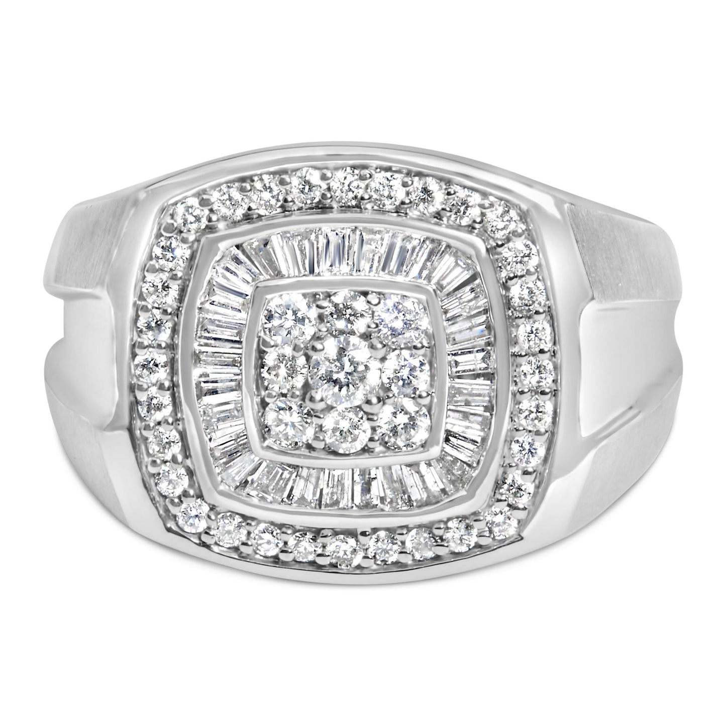 Front-facing view of a white metal ring featuring a cluster of round white gemstones in the center, surrounded by a row of channel-set baguette white gemstones, and an outer row of round prong-set white gemstones.