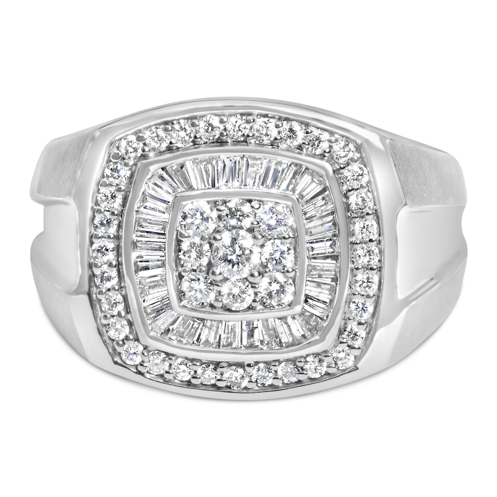 Front-facing view of a white metal ring featuring a cluster of round white gemstones in the center, surrounded by a row of channel-set baguette white gemstones, and an outer row of round prong-set white gemstones.
