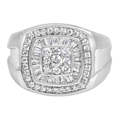Front-facing view of a white metal ring featuring a cluster of round white gemstones in the center, surrounded by a row of channel-set baguette white gemstones, and an outer row of round prong-set white gemstones.