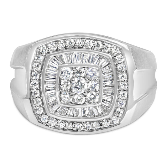 Front-facing view of a white metal ring featuring a cluster of round white gemstones in the center, surrounded by a row of channel-set baguette white gemstones, and an outer row of round prong-set white gemstones.