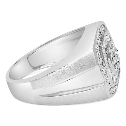 Close-up side angle of a white metal ring with multiple white round and baguette-shaped gemstones in prong and channel settings arranged in a layered square design on the top.