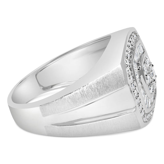 Close-up side angle of a white metal ring with multiple white round and baguette-shaped gemstones in prong and channel settings arranged in a layered square design on the top.