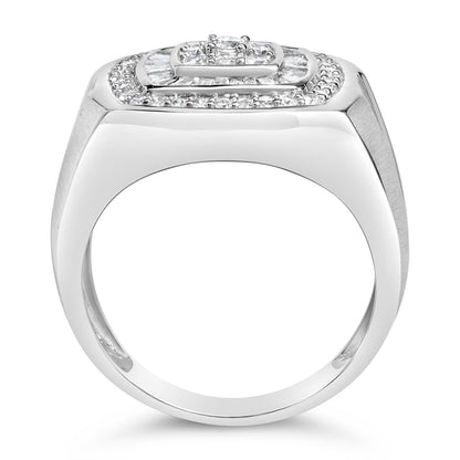 White metal ring shown from the front angle with a raised top featuring a central rectangular cluster of round and baguette white gemstones in prong and channel settings.
