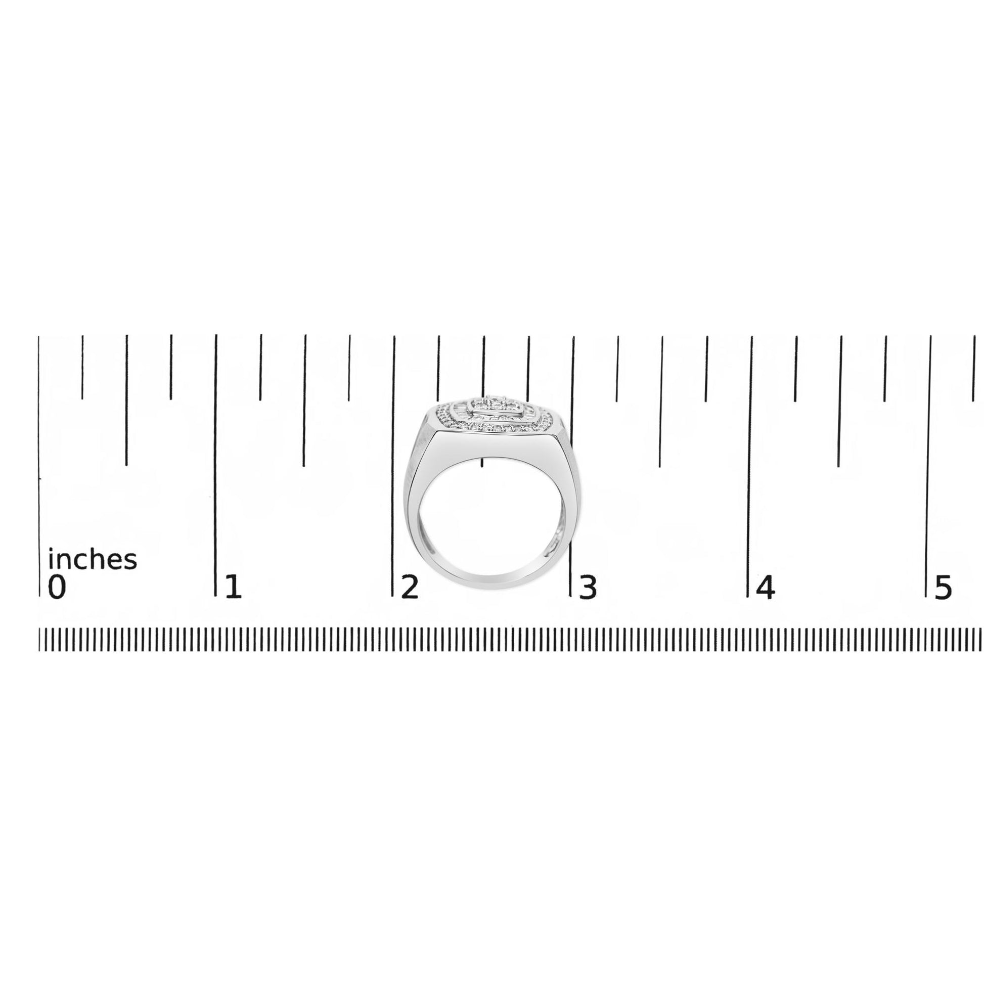 White metal ring with multiple round and baguette shaped white gemstones in prong and channel settings, shown from the front on a ruler for size reference.