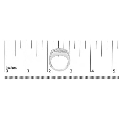 White metal ring with multiple round and baguette shaped white gemstones in prong and channel settings, shown from the front on a ruler for size reference.