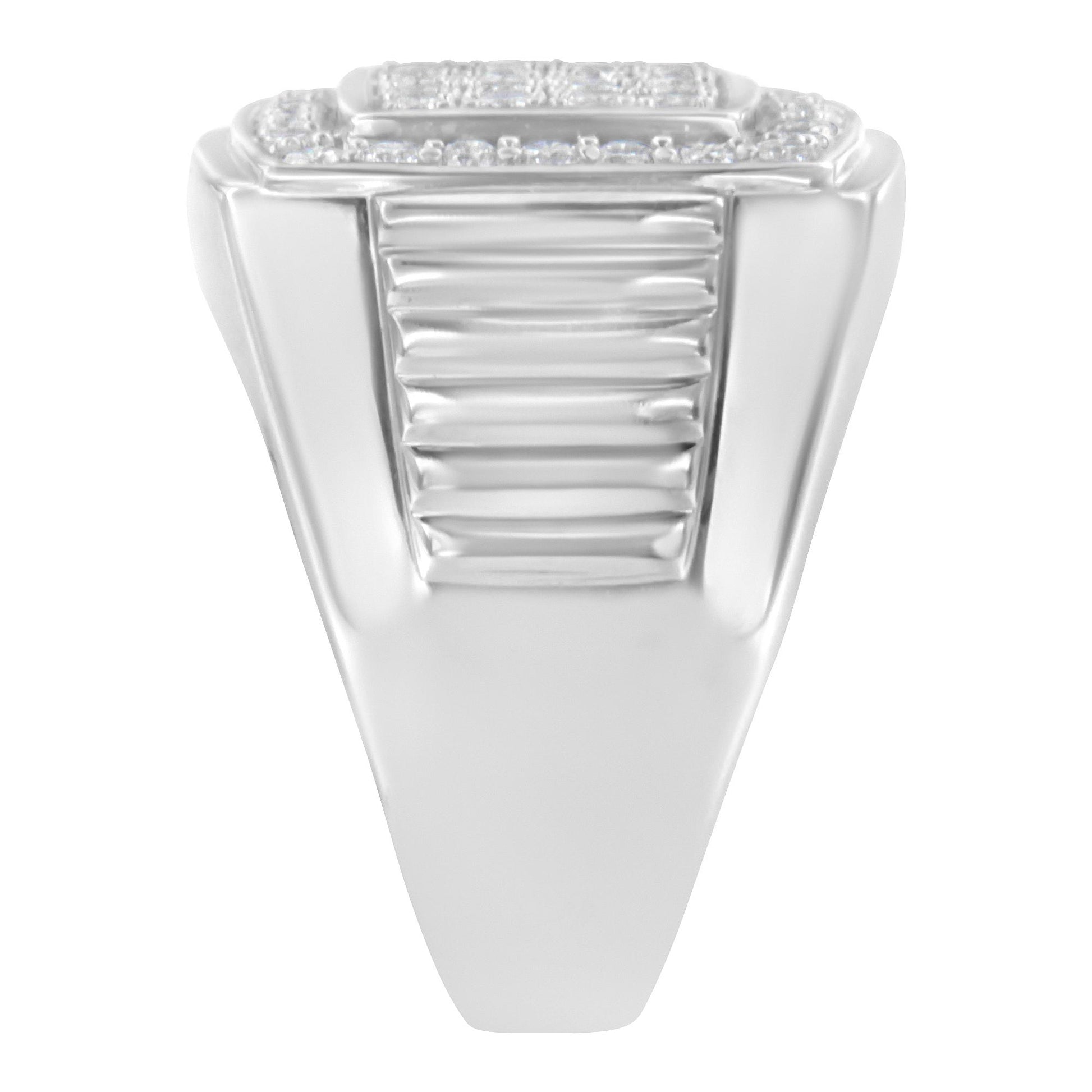 Front angled view of a white metal ring with a ridged center band and two rows of small white gemstones set in prongs on the top edges.