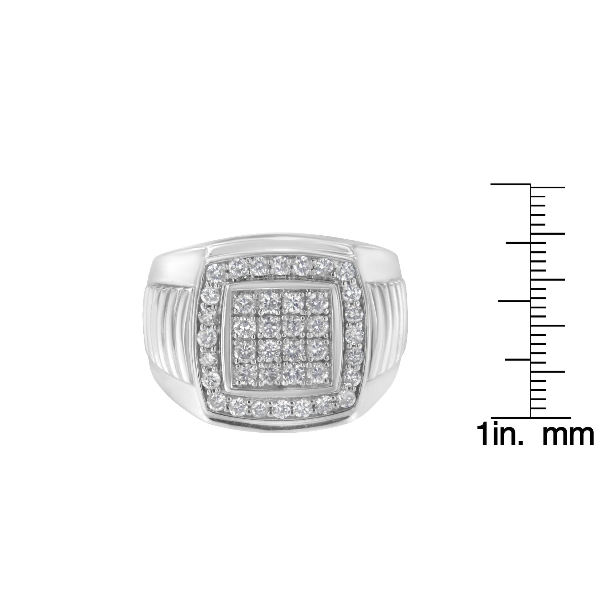Front-facing white metal ring with square cluster of round white gemstones in prong settings, shown with a ruler for size reference.