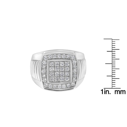 Front-facing white metal ring with square cluster of round white gemstones in prong settings, shown with a ruler for size reference.