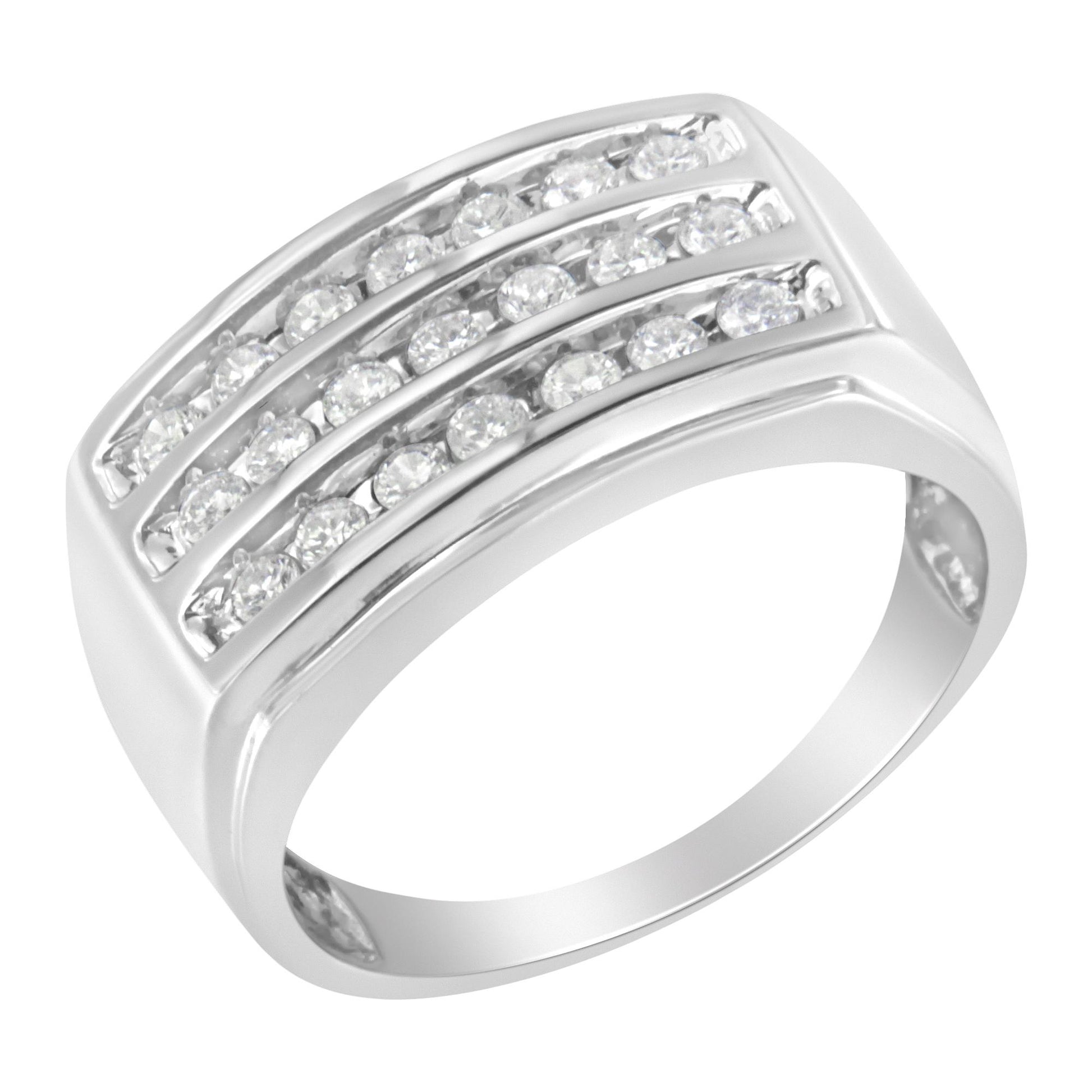 White metal ring with a wide band design, featuring three rows of channel-set round white gemstones, shown at a slight angled top-down view.