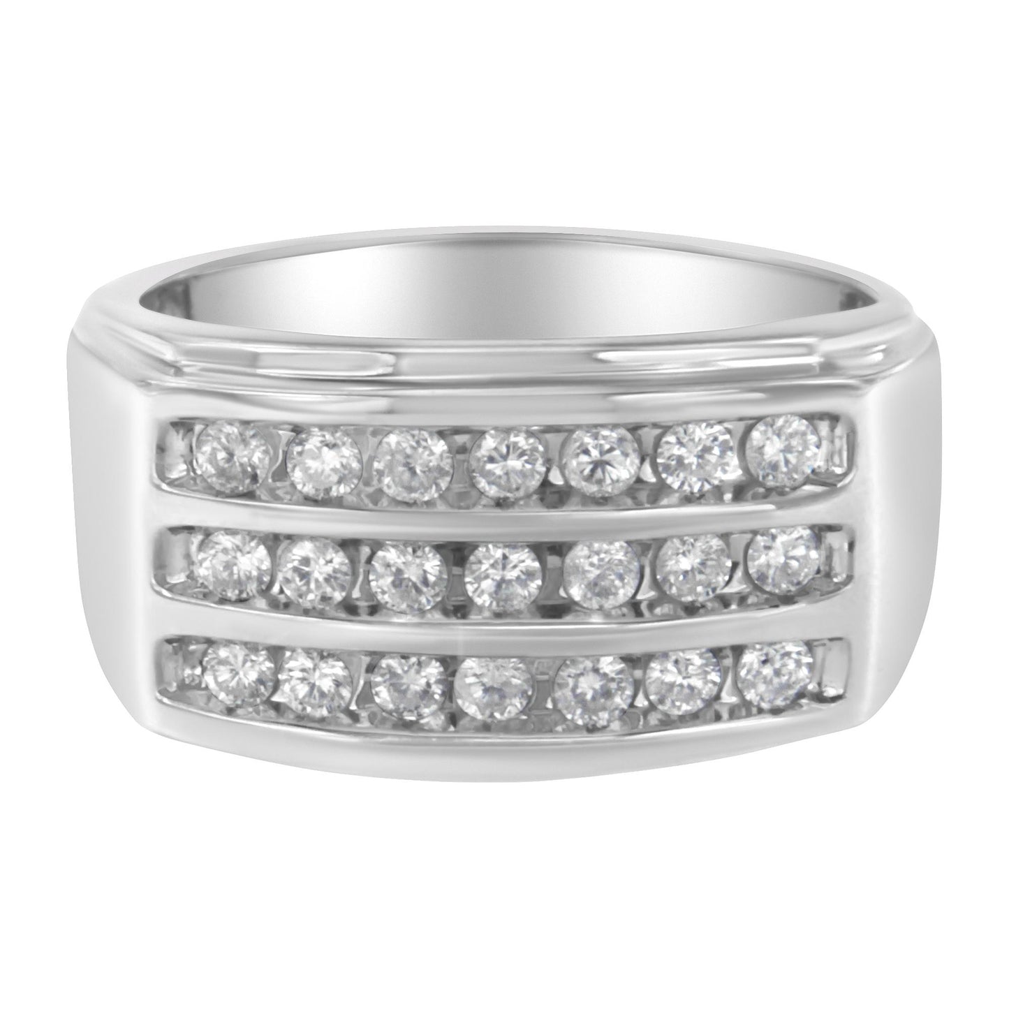 Front view of a white metal ring featuring three rows of channel-set round white gemstones.