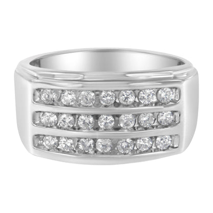 Front view of a white metal ring featuring three rows of channel-set round white gemstones.
