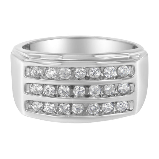 Front view of a white metal ring featuring three rows of channel-set round white gemstones.
