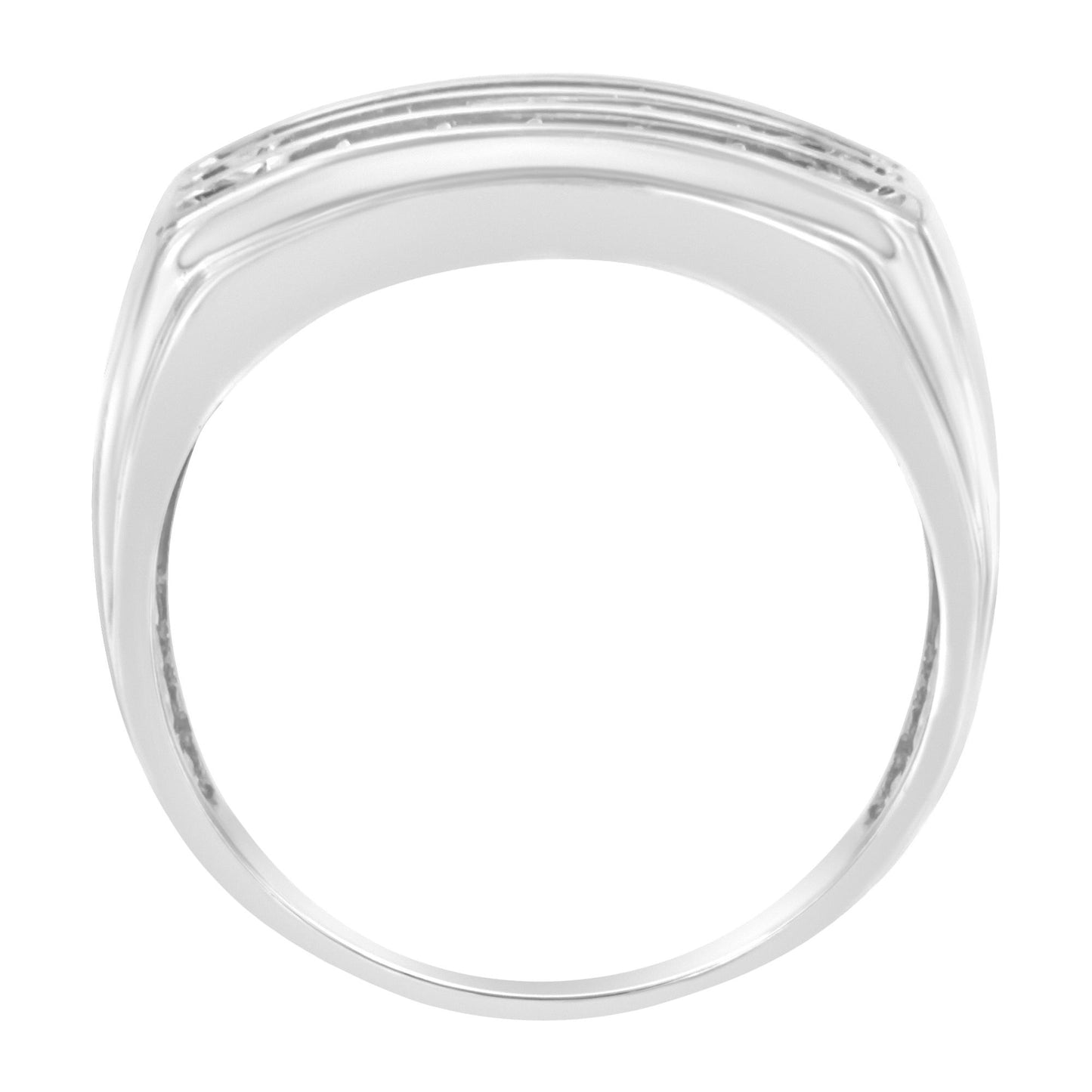 White metal ring with a flat top edge featuring a channel setting of round white gemstones, shown from a top-down angle.