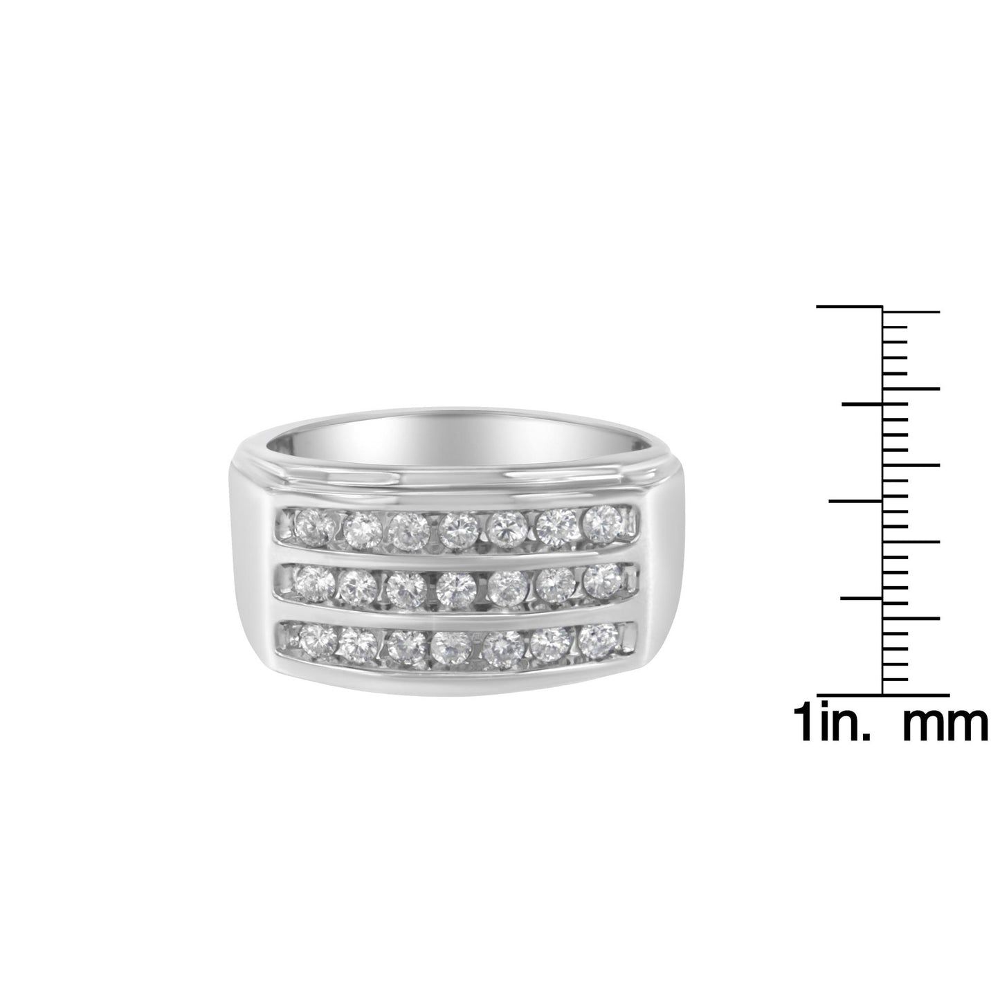 Close-up front view of a white ring with three rows of round white gemstones in channel settings, shown on a scale.