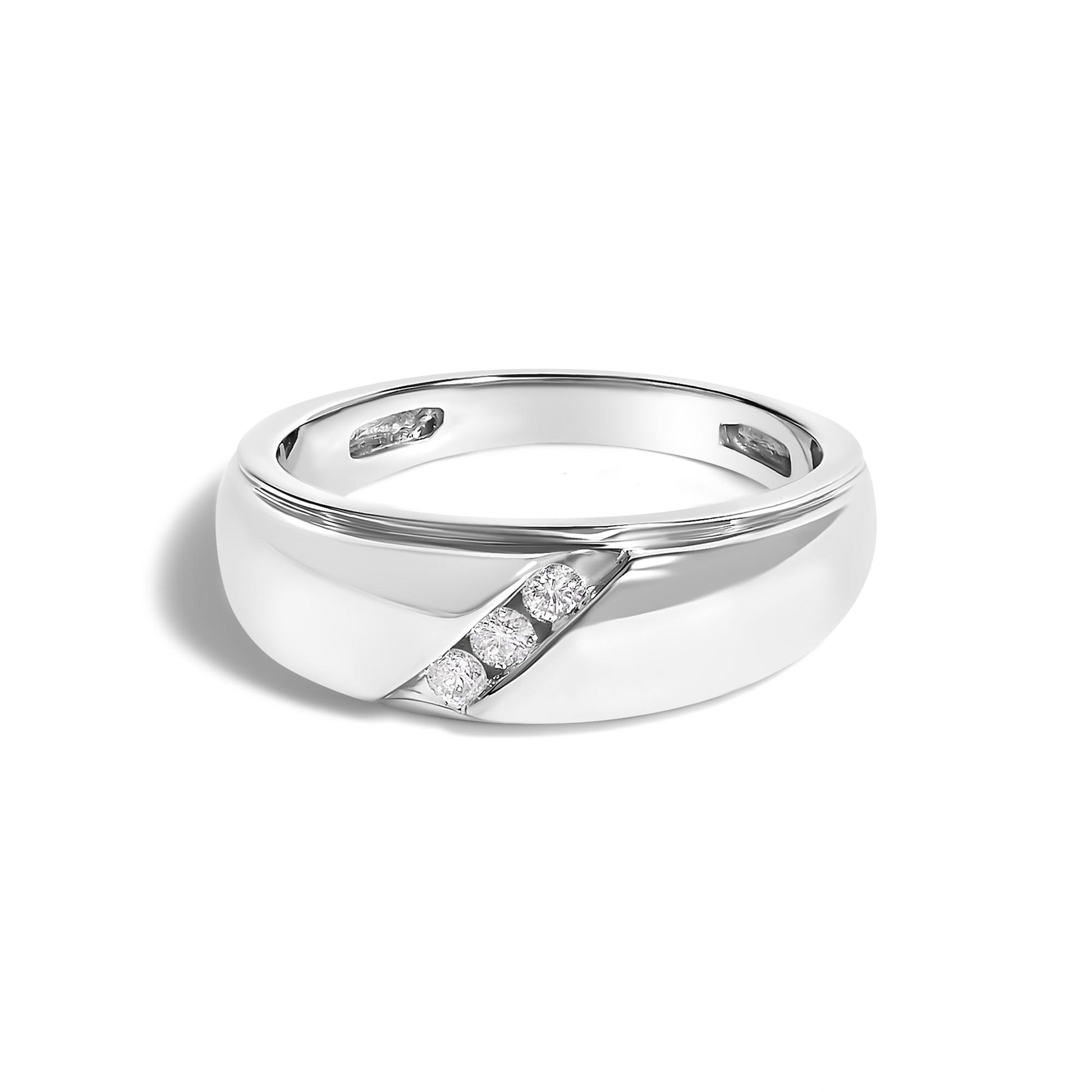 White metal ring with a diagonal channel set of three round white gemstones, shown from a front angled view on a white background.