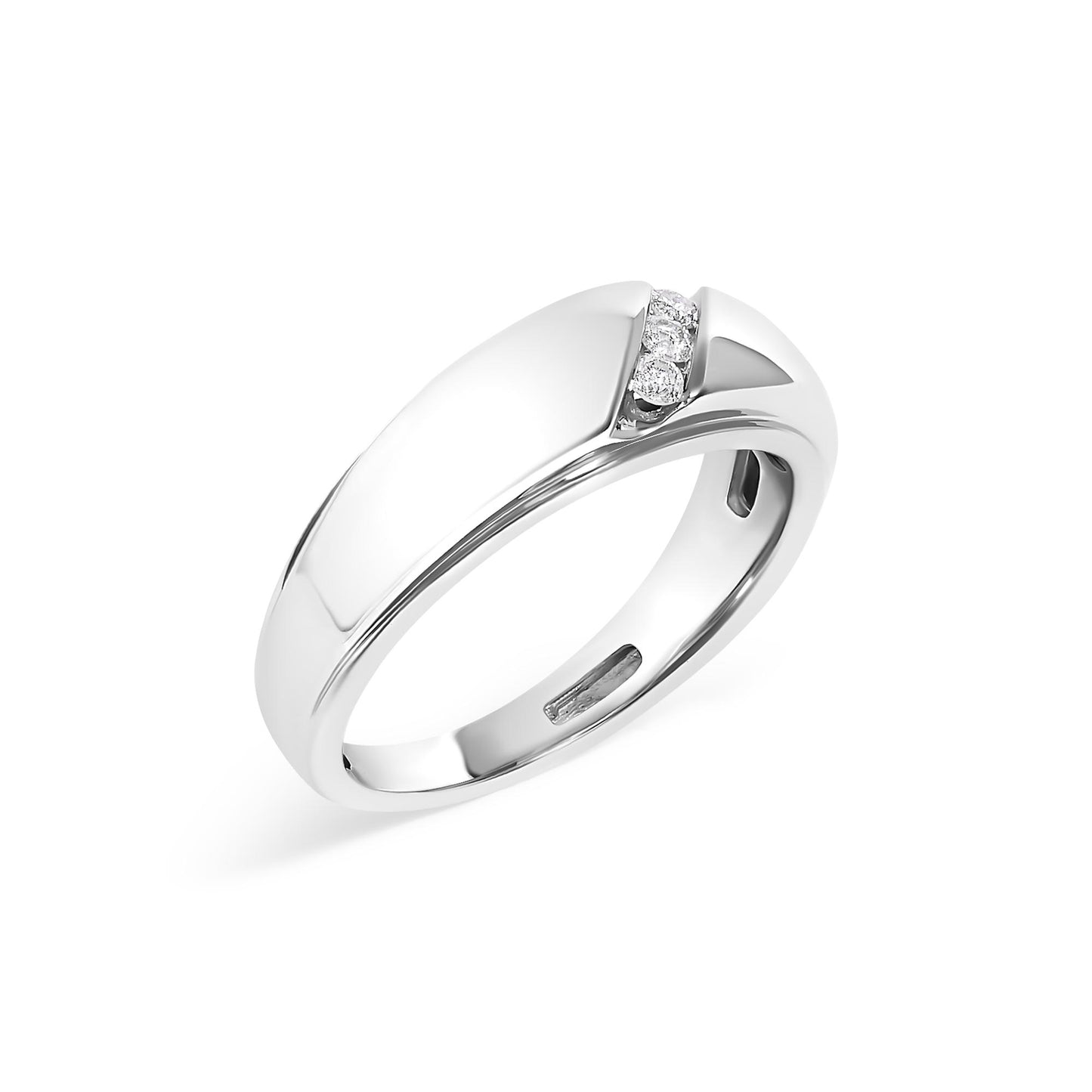 Close-up front angled view of a white metal ring featuring a channel setting with three small round white gemstones.