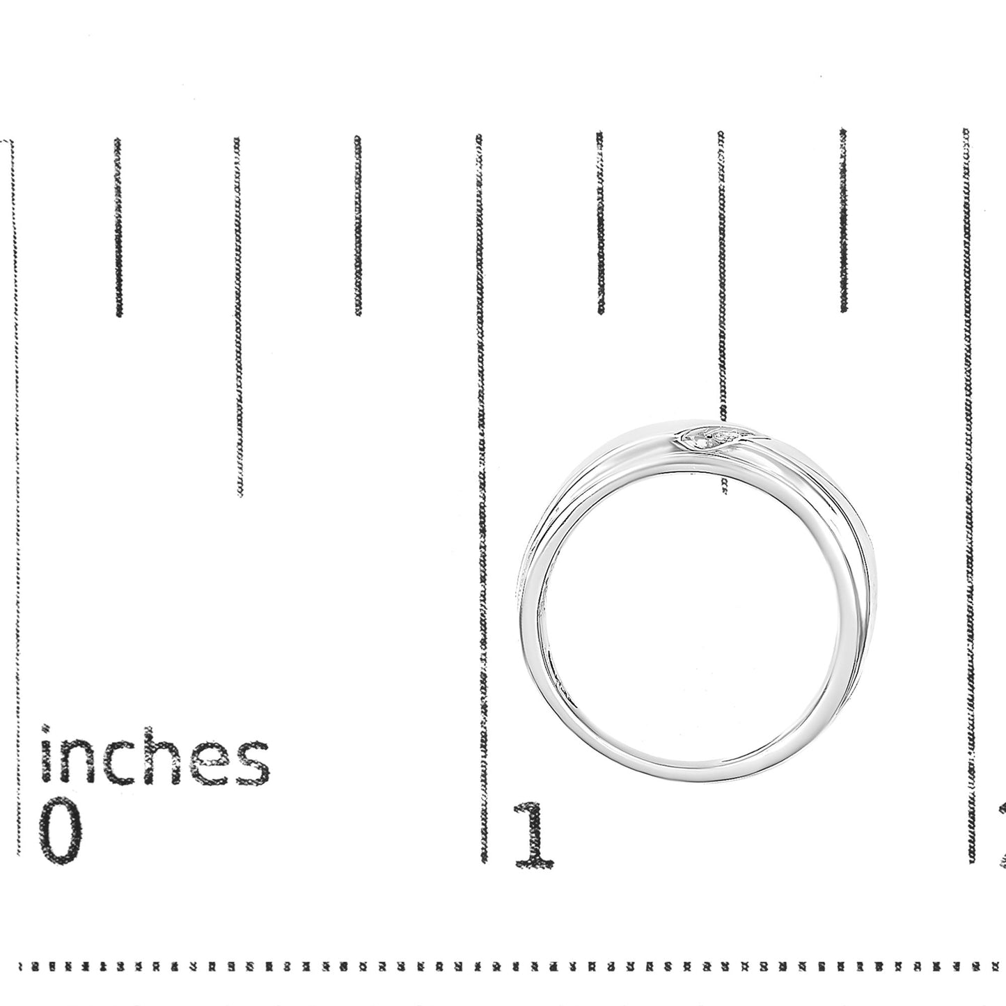 White ring with three round white gemstones in a channel setting, shown on a scale, top-down angle.