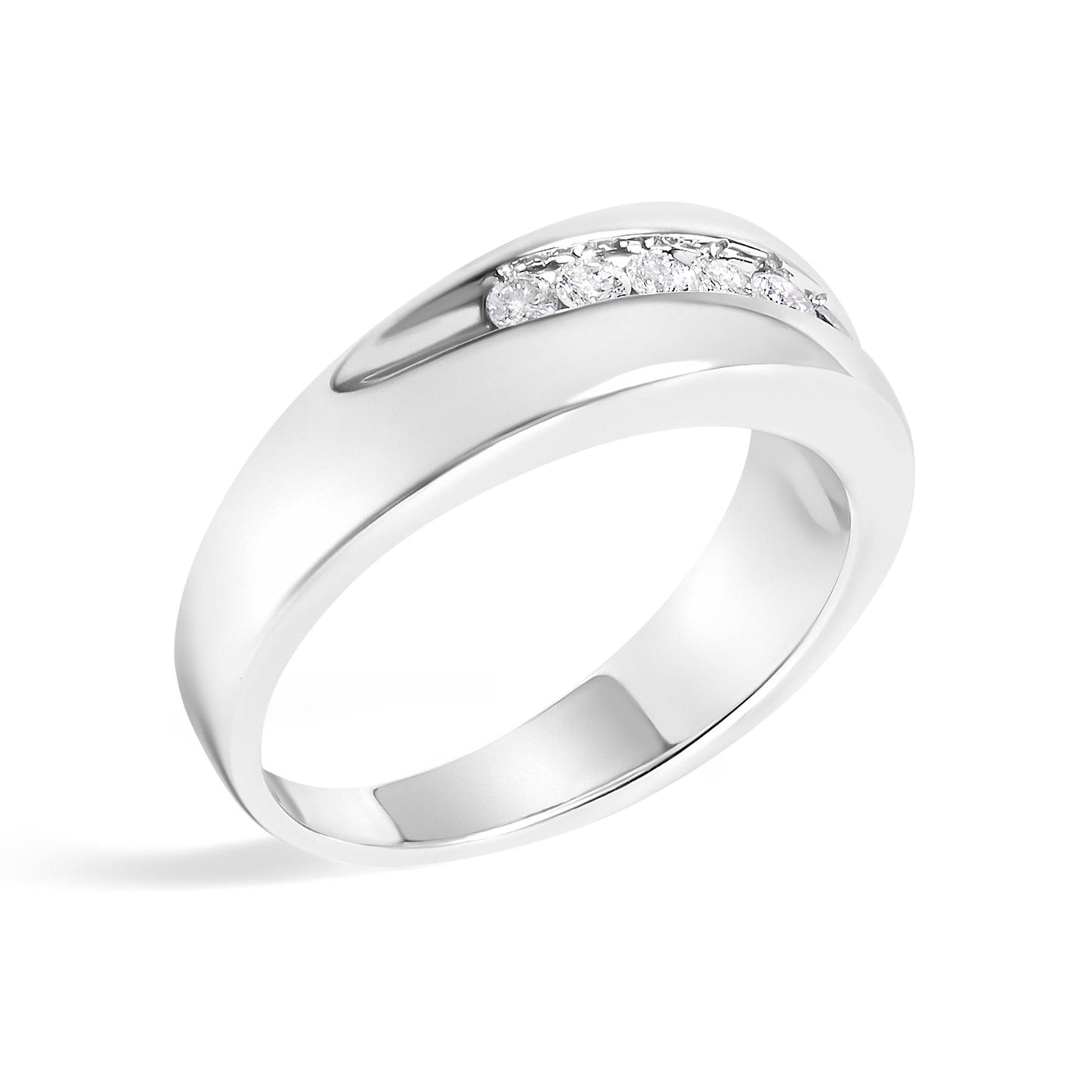 Close-up front angle of a white metal ring with a channel setting featuring multiple round white gemstones.