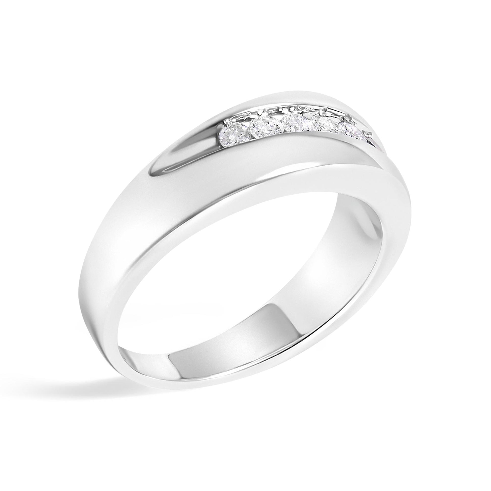 Close-up front angle of a white metal ring with a channel setting featuring multiple round white gemstones.