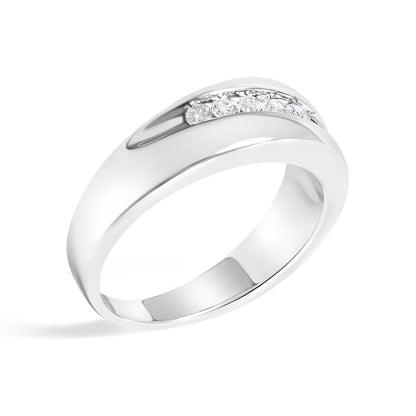 Close-up front angle of a white metal ring with a channel setting featuring multiple round white gemstones.