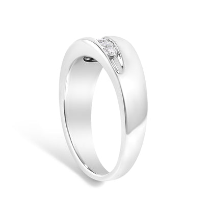 White-colored ring with a smooth band and a channel-set curved row of white round gemstones, shown from an angled front view on a white background.