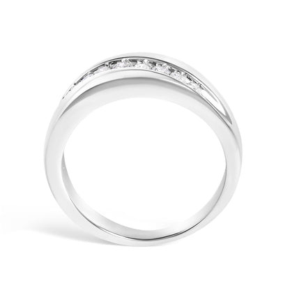 White metal ring with a curved band design featuring a channel setting of round white gemstones, shown from a front angle.