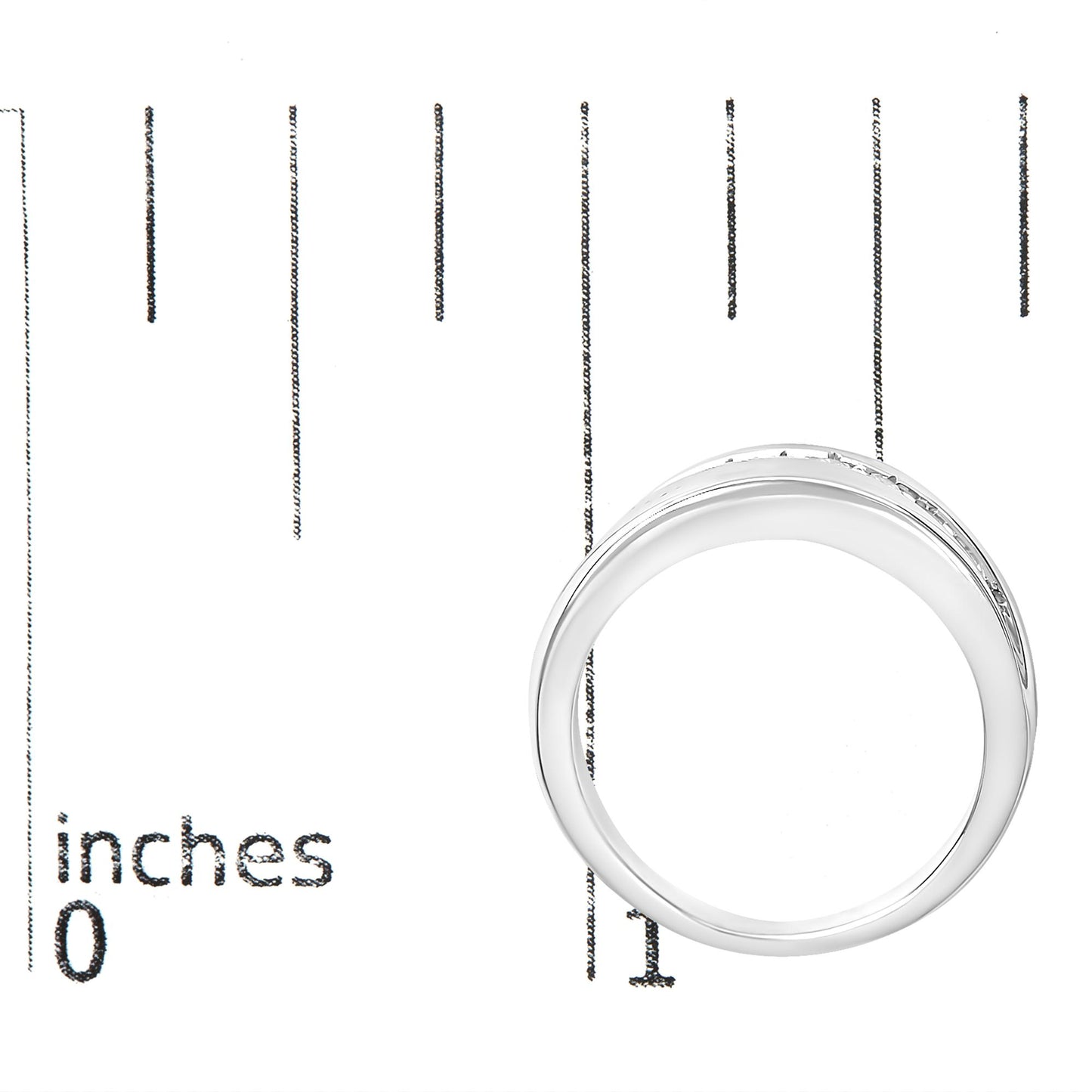 White metal ring with a row of round white gemstones set in a channel setting, shown from a top-down angle on a scale marked in inches.