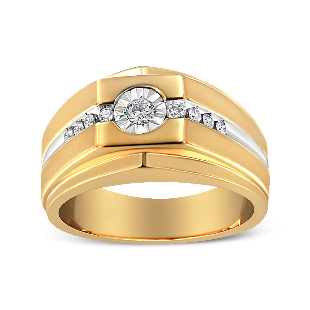 Yellow ring with a central round white gemstone in a bezel setting and smaller round white gemstones in a prong setting along the band, shown in a front-facing angle.