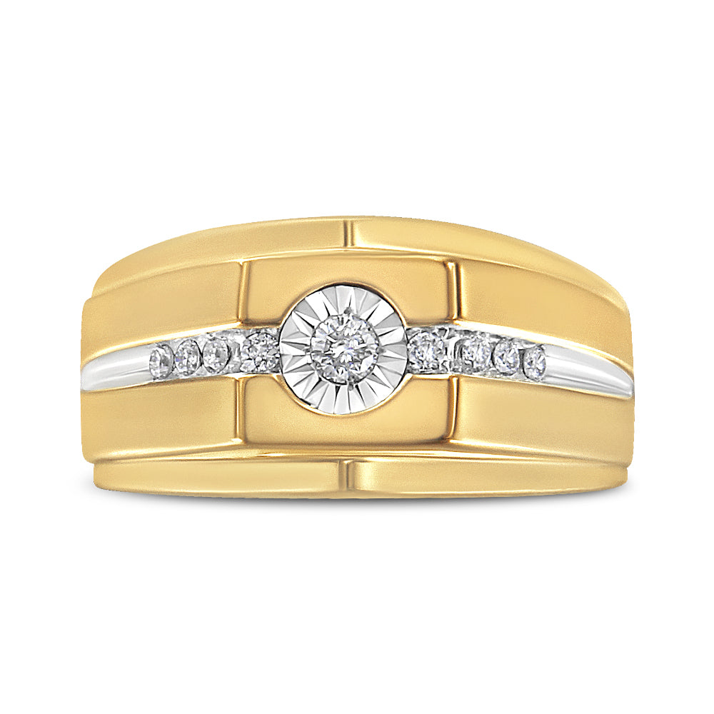 Front view of a yellow ring featuring a round white gemstone in a miracle setting at the center, flanked by smaller round white gemstones in prong settings along a white accent strip.