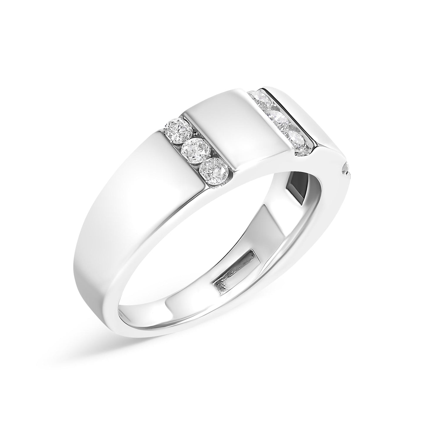White metal ring with a wide band, featuring two channel-set rows of round white gemstones, shown from a front angle on a white background.