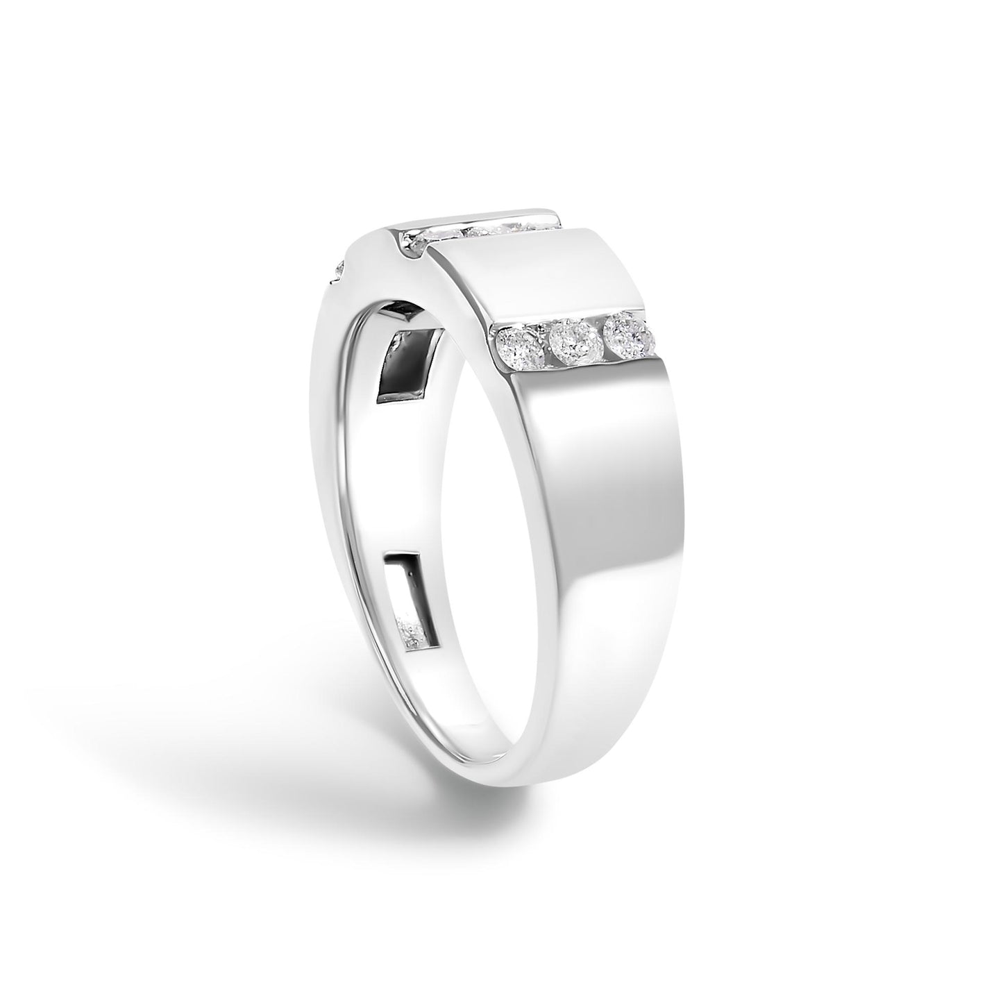 White-colored ring with a broad band design, featuring a channel setting of round white gemstones, shown at a slight angle against a white background.