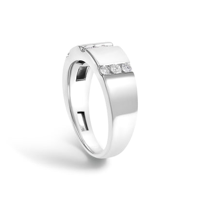White-colored ring with a broad band design, featuring a channel setting of round white gemstones, shown at a slight angle against a white background.