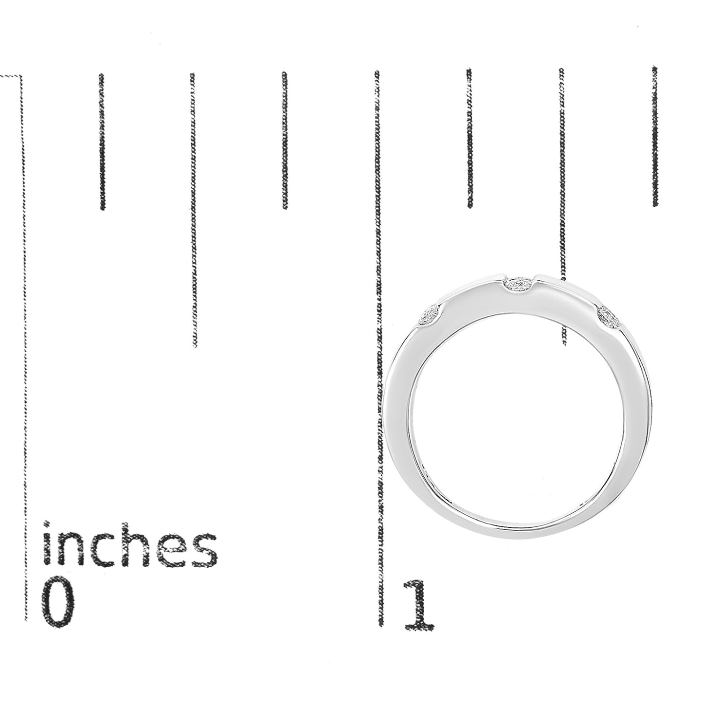 White metal ring with round white gemstones set in a channel around the band, shown on a scale from above.