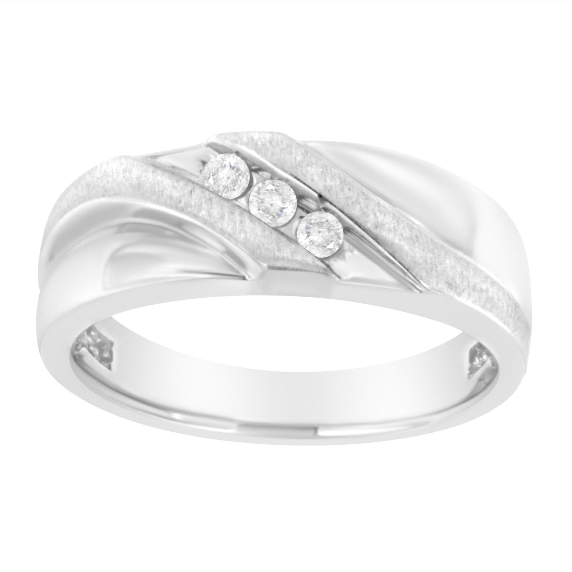 White metal ring with three round white gemstones in a channel setting, shown in a front angled view.